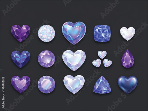 Collection of various purple and blue gemstones and hearts in different shapes and sizes  heart shaped jewels and sparkling crystals