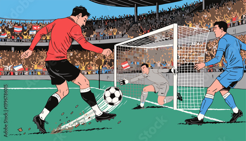 A soccer player kicking the ball into the goal while the goalkeeper tries to block it during a match in a crowded stadium