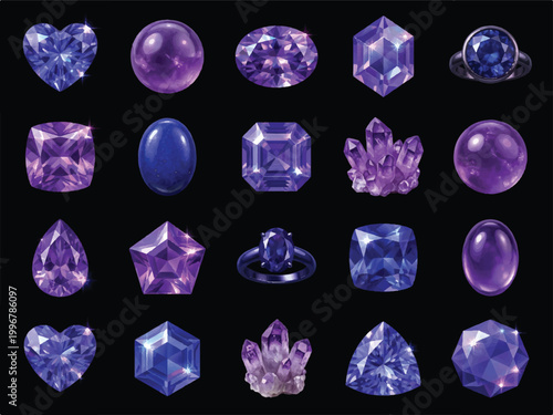 Collection of various purple and blue jewels and gemstones in different shapes and cuts  heart oval square round teardrop