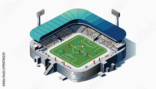 A vibrant isometric illustration of a soccer stadium with players on the field and spectators in the stands