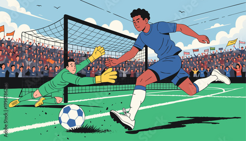 A soccer player kicks the ball as the goalkeeper tries to block it during a match in a crowded stadium.