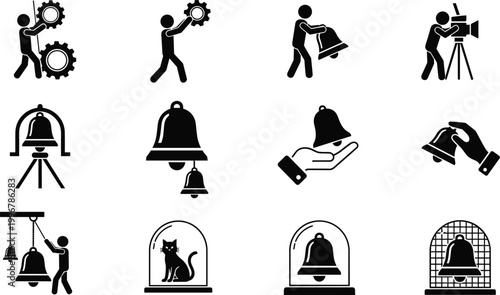 Bell and Gear Mechanism Pictogram Vector Icon Set with Human Figures Camera Cat Dome and Notification Symbols