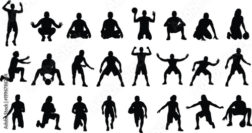 Athletic Sports Player Silhouette Vector Set with Dynamic Basketball Football and Fitness Training Poses
