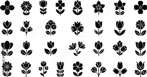 Black Floral Silhouette Vector Icon Set with Rose Tulip Daisy Sunflower and Various Botanical Bloom Designs