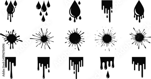 Black Ink Drop Splash and Drip Vector Icon Set with Water Droplets Splatter and Melting Paint Elements