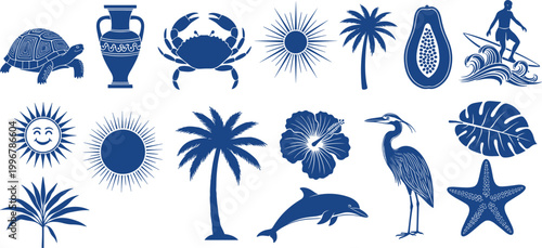 Blue Tropical Beach and Ocean Life Vector Icon Set with Turtle Crab Dolphin Heron Palm and Hibiscus Symbols