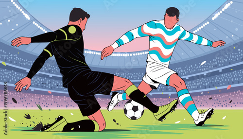 A vector graphic illustration of two soccer players competing for the ball in a stadium
