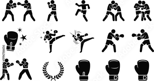 Boxing and Kickboxing Combat Sport Pictogram Vector Set with Fighters Gloves Laurel Wreath and Action Poses