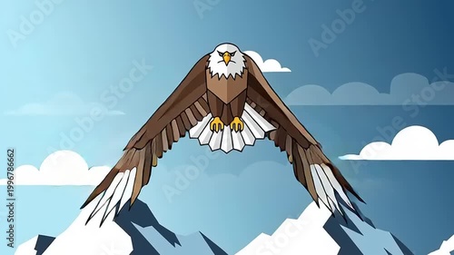 Bald eagle flying over mountains.
