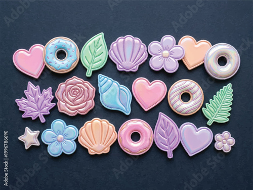 Colorful assorted sweet and nature shaped cookies including donuts flowers leaves hearts shells star on dark textured surface