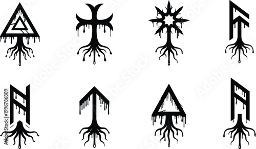 Dark Mystical Rune and Root Symbol Vector Set with Dripping Gothic Tribal Geometric Occult Sign Designs