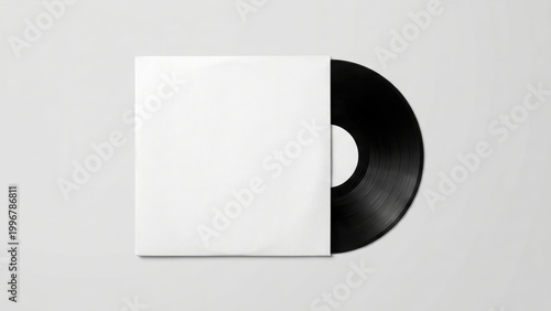 Classic black vinyl record partially revealed from its blank white paper sleeve, perfect for design mockups.
