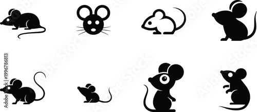 Black mouse silhouettes vector collection, animal graphic icons set, rodent illustration design, cartoon pet shapes for creative patterns