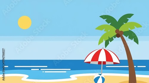 Beach scene with palm tree umbrella.