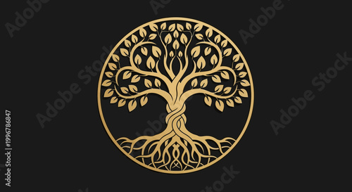 Luxury gold emblem of a stylized tree of life with intricate roots and branches
