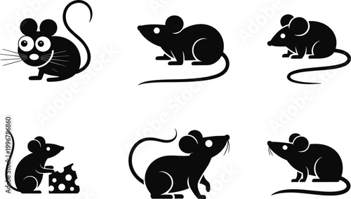 Black mouse silhouettes vector collection, rodent cartoon icons set, animal illustration design, pet graphic art shapes for creative patterns