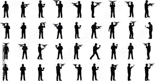 Drone Operator Silhouette Vector Set with Male Figures Holding and Controlling Various UAV Quadcopter Poses