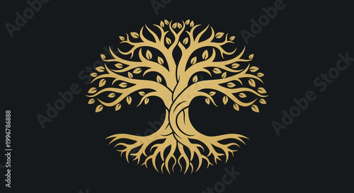 Vintage Golden Tree of Life Logo Emblem Symbolizing Growth and Nature's Enduring Beauty