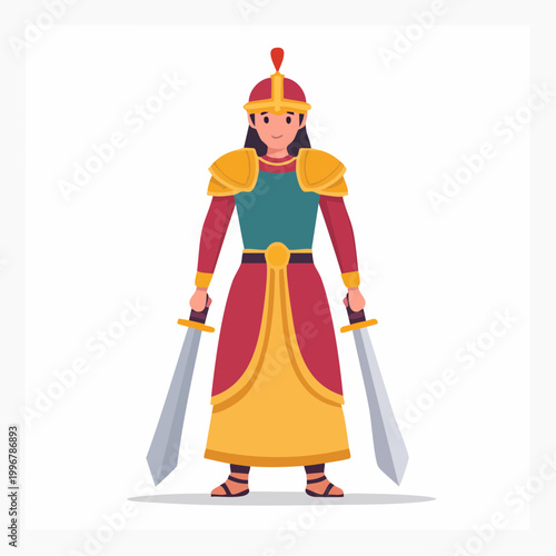 Cartoon Warrior Woman with Two Swords