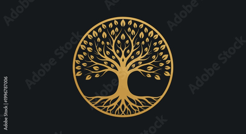 Golden circular tree of life logo design with detailed branches and roots