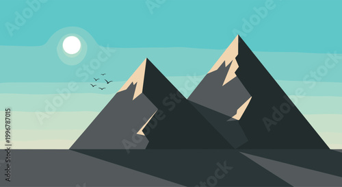 Flat Design Twin Mountain Peaks Vector Illustration with Flying Birds and Bright Turquoise Daytime Sky