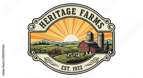 Heritage Farms Vintage Logo with Farm Scene and Sunset
