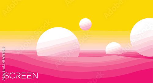 Futuristic Pink and Yellow Gradient Vector Landscape with Floating Glossy White Spheres on Wavy Terrain