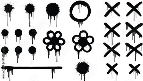 Tableau sur toile Graffiti Spray Paint Drip Vector Set with Splatter Blobs Circle Cross Flower and