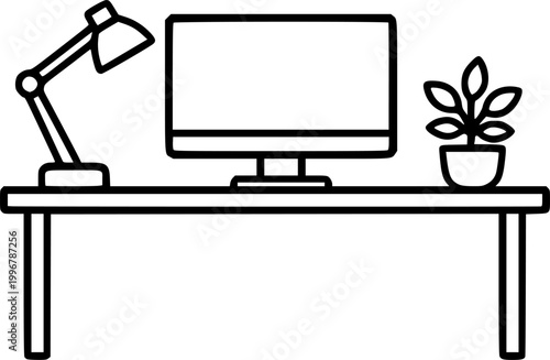 Workspace Desk with Computer, Lamp and Plant – Minimal Line Office Vector Icon