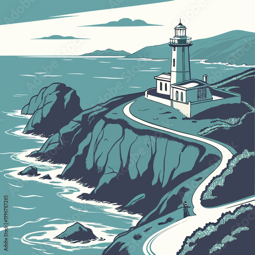 A majestic lighthouse stands tall on a rocky island coastline, casting its guiding light across the tranquil Mediterranean sea as waves gently kiss the shore under a clear summer sky