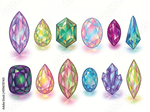 Colorful gemstones and crystals in various shapes and sizes on white background  gems