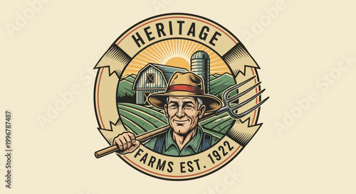Heritage Farms Established Vintage Logo Design of a Farmer holding a pitchfork