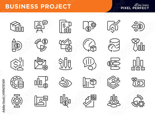 Business project line icons collection. Planning, startup, marketing, collaboration, vision, networking vector icon pack.