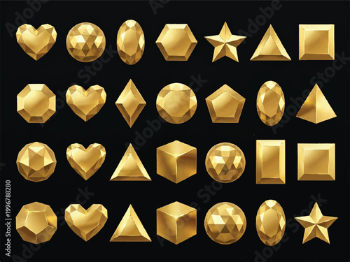 Golden geometric shapes collection including hearts stars spheres cubes and pyramids in shiny metallic finish  gold