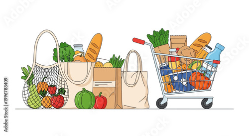 Grocery shopping illustration showing reusable bags and a shopping cart filled with various food items and produce