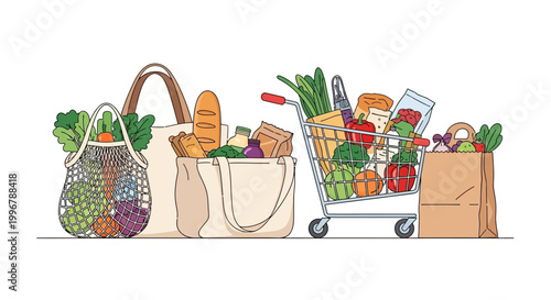 Grocery Shopping Illustration with Reusable Bags and a Cart Filled with Fresh Produce and Food Items