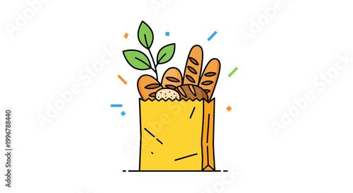 Illustration of a grocery bag filled with fresh bread and green leaves, representing healthy eating and natural ingredients