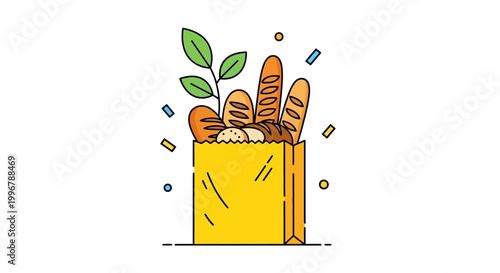 Freshly baked bread and leafy greens overflowing from a bright yellow grocery bag with confetti