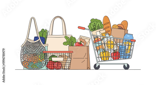 Grocery shopping and everyday food items neatly arranged in reusable bags and a shopping cart
