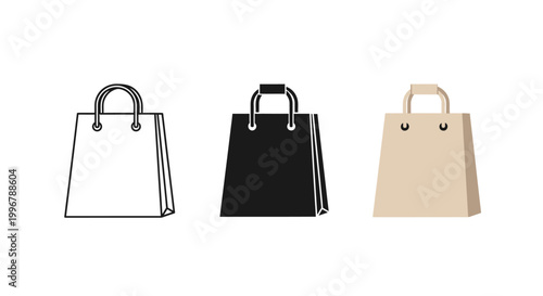 Three shopping bags shown in different styles, including a black and white outline, a solid black silhouette, and a beige bag