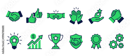 Business Success Icons Set, Professional Partnership and Growth Symbols, Vector Illustration of Handshake, Achievement, Strategy, Teamwork, Leadership, Quality Assurance, and Financial Progress Elemen