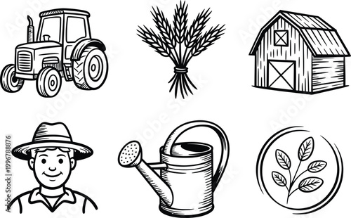 Agriculture Farming Icons Collection with Tractor, Farmer, Barn, Plant and Watering Can Outline Vector Set