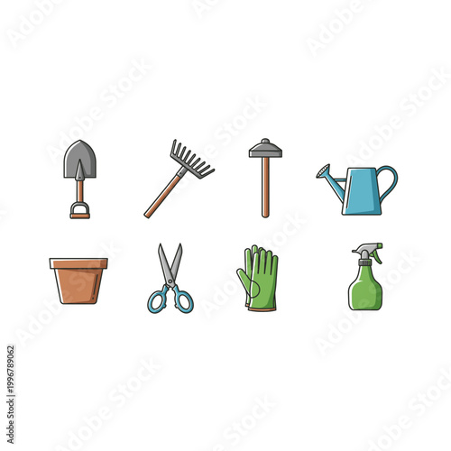 Gardening tools and supplies icon set with gardening watering scissors