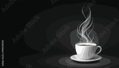 Steaming Hot Coffee Cup on Saucer with Elegant Smoke Swirls on Dark Black Background for Cafe and Restaurant Menu DesignSteaming Hot Coffee Cup on Saucer with Elegant Smoke Swirls on Dark Black 