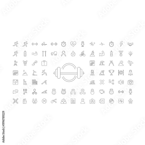 Fitness and health icons set: dumbbell apple heart weightlifting running