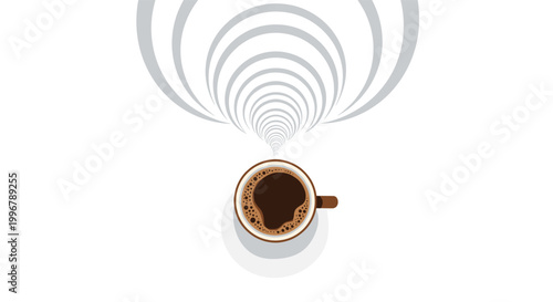 Top View Hot Coffee Cup with Abstract Circular Steam Waves on White Background for Cafe, Menu, and Beverage Poster DesignTop View Hot Coffee Cup with Abstract Circular Steam Waves on White Background 