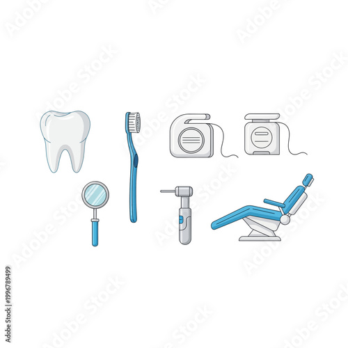 Dental hygiene and care tools: toothbrush floss mirror drill chair with cleaning