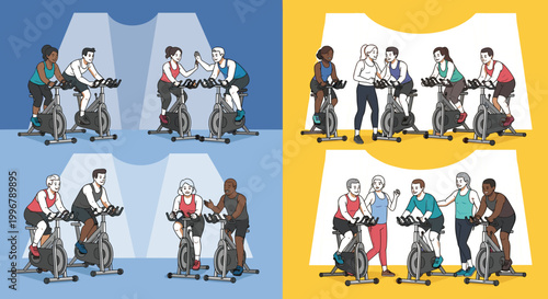 Diverse Indoor Cycling Group Fitness Class Icon Set Featuring Spin Instructors, High-Five Motivation, and Collaborative Workout Scenes for Health and Wellness  
