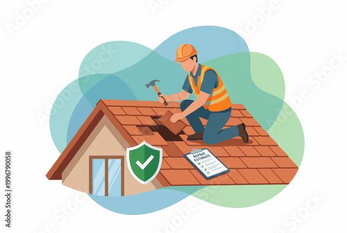 Professional Roofer Repairing House Shingles for Home Insurance