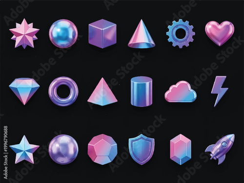 Iridescent 3D shapes and icons in pink and blue hues on dark background  geometric forms and symbols